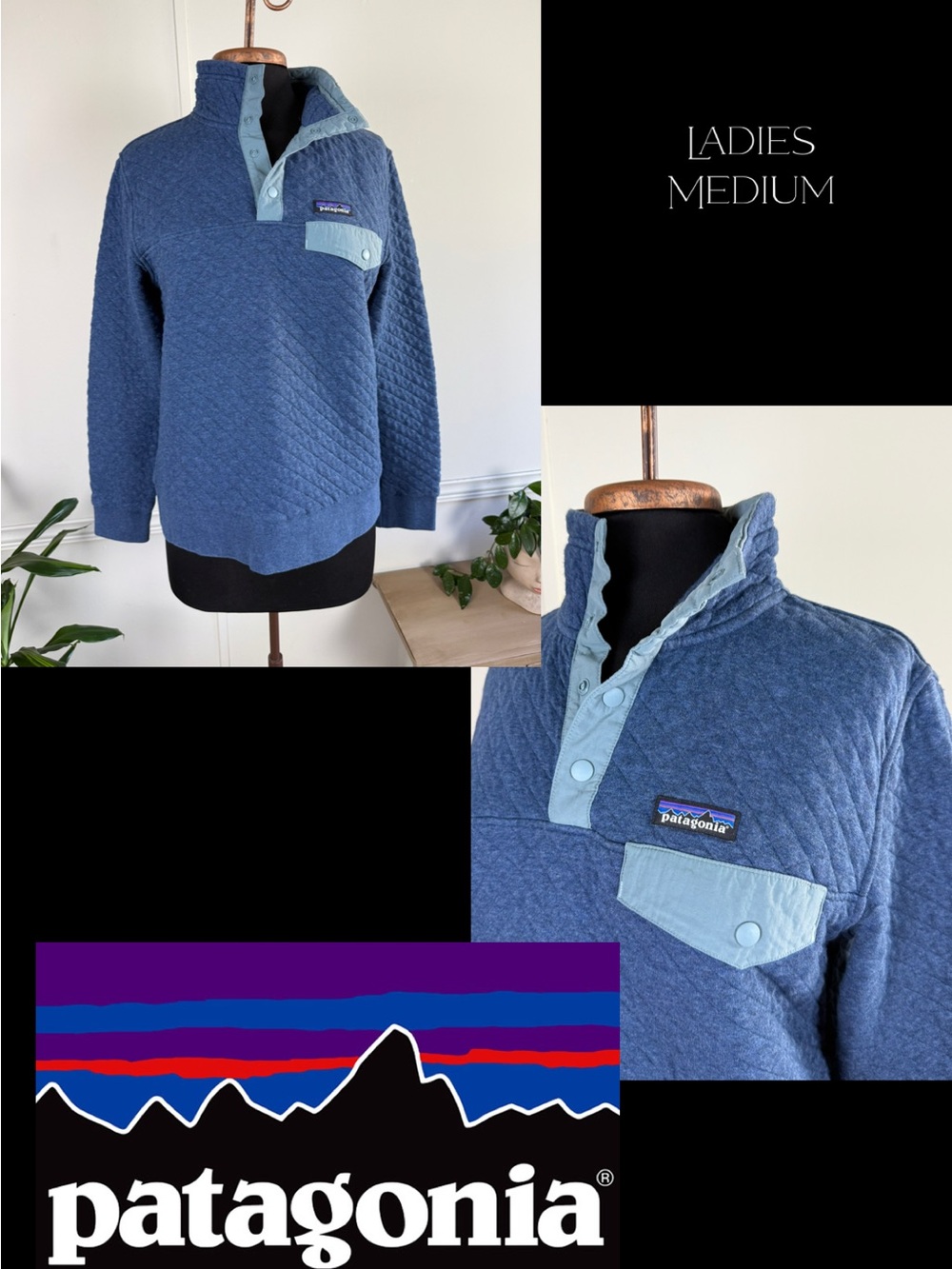 Patagonia Blue Quilted Zip Pullover with Light Blue Trim